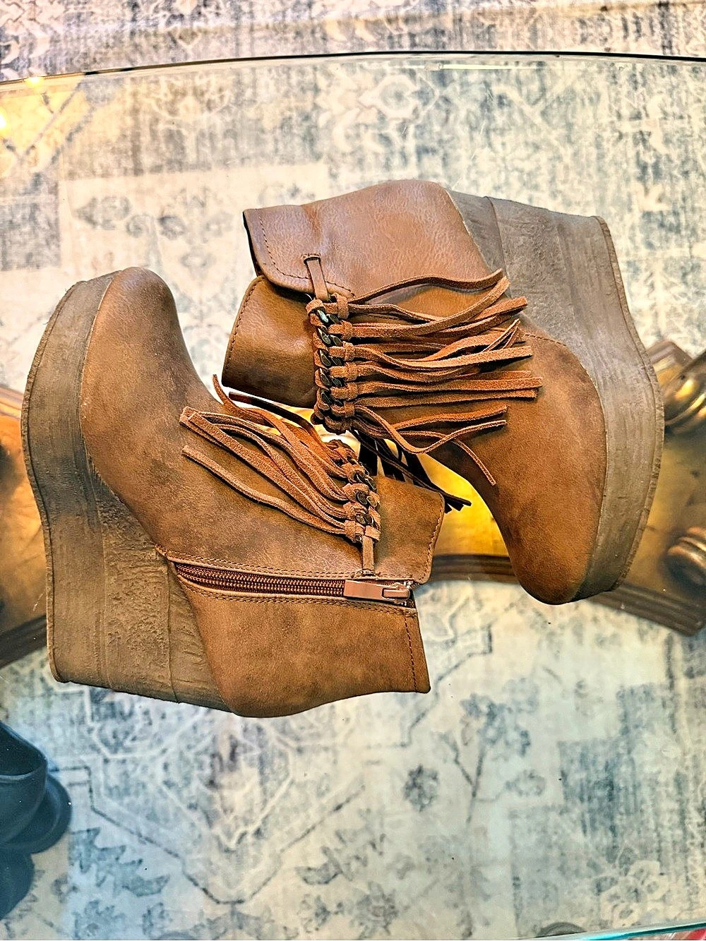 Sbicca Vintage Zepp Women's Fringe Platform Wedge Booties Brown Boho Chic US 8
